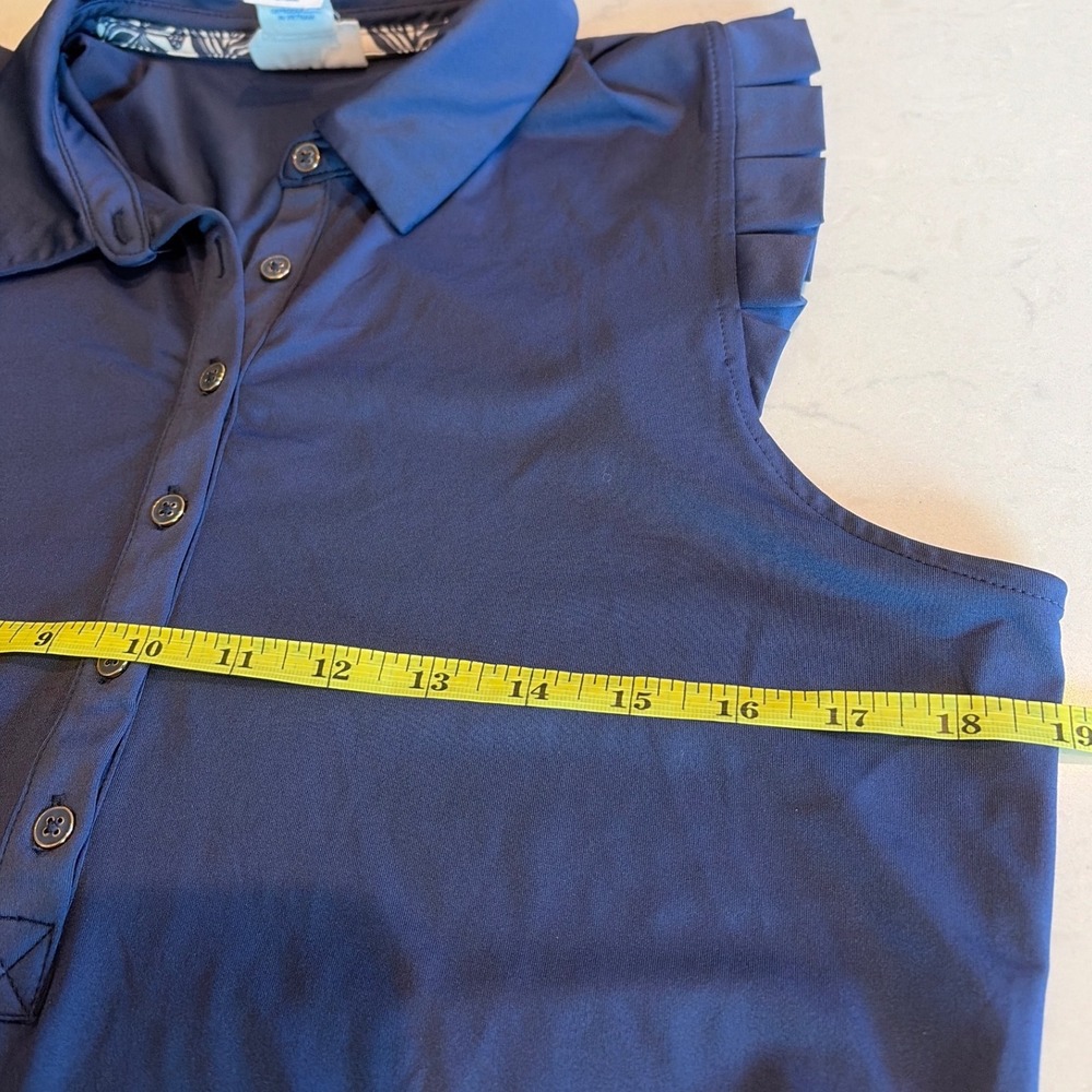 Sigrid Olsen Golf Top Women L Navy Blue Ruffle Sleeve Tennis Polo Preppy Sporty - Picture 5 of 9